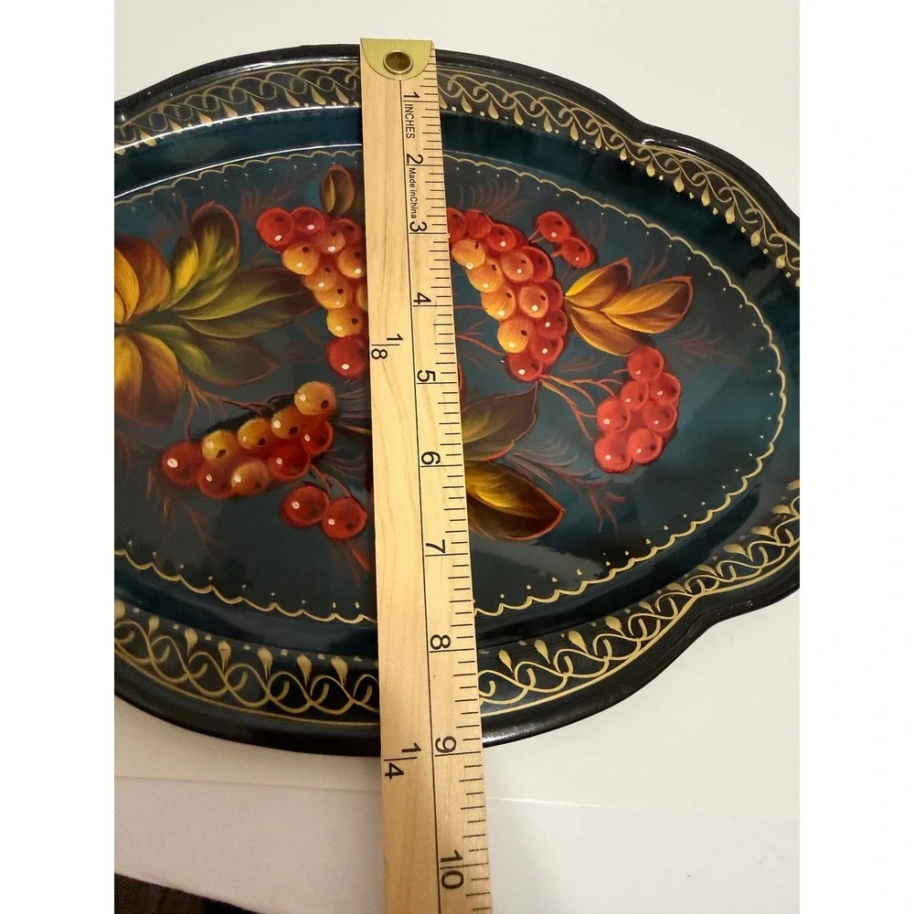 Vintage Zhostovo-Style Hand Painted‎ Oval Metal Tray Berry Folk Art Scalloped